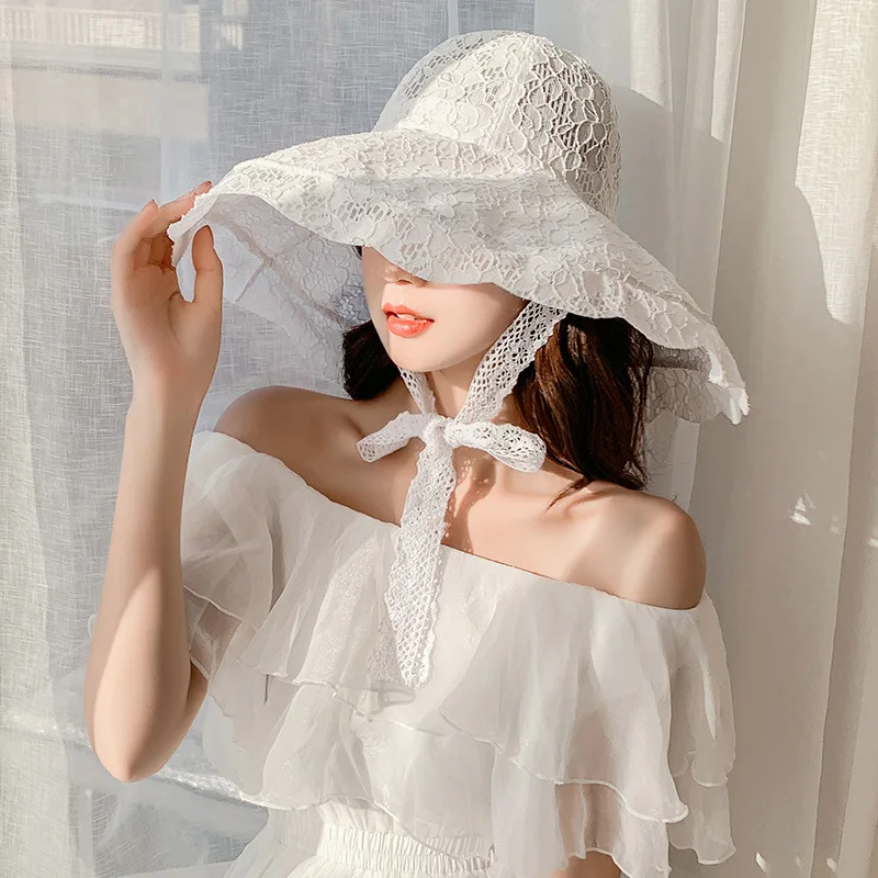 

Women's Lace Sun Hat Korean Big Eaves Sunscreen Flower Embroidery Pure Color High Quality Temperament Accessories Sun Hat