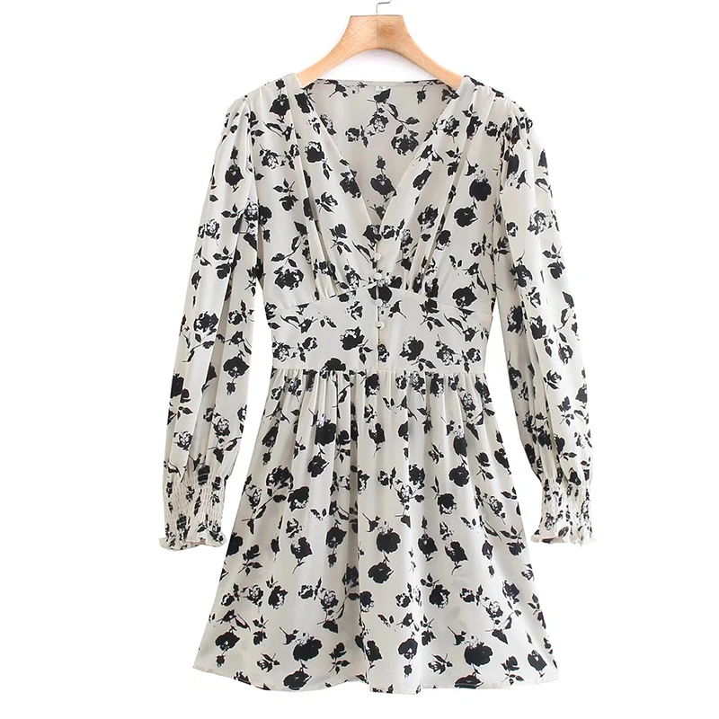

YENKYE New Spring Women Vintage Floral Print Short Dress Female Long Sleeve Elastic Waist A-line Casual Dress Ladies Vestido