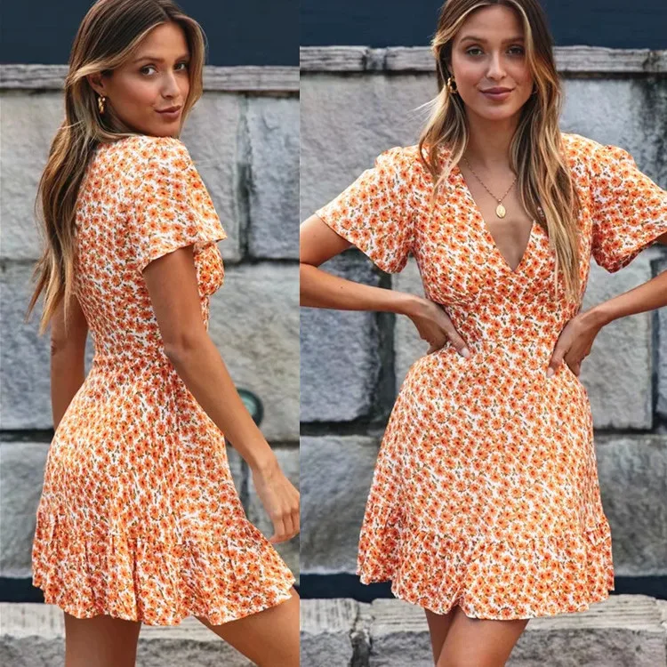 

2021 Short Sleeve V-neck Printed Dress
