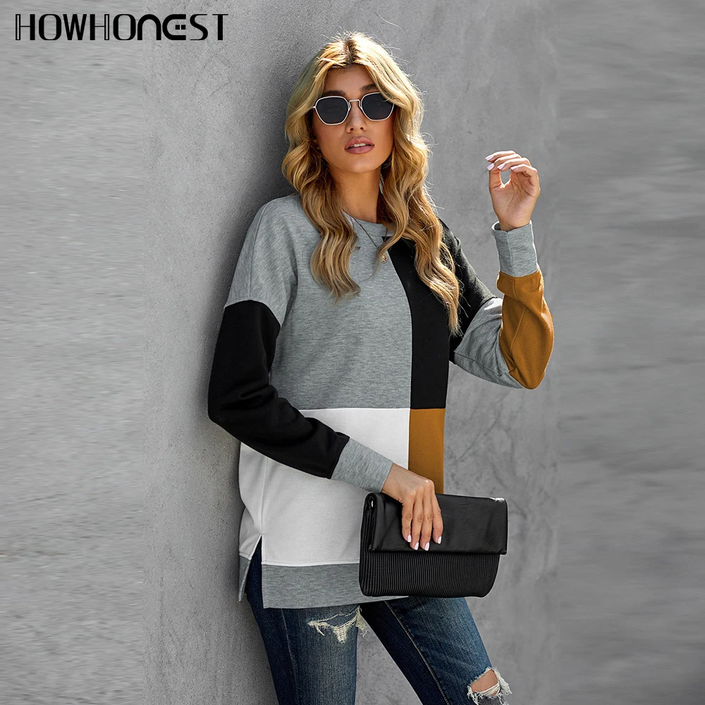 Свитшот женский с круглым вырезом пуловер цветными вставками худи длинным