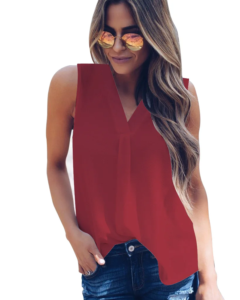 S-5XL Large Size Women White Shirts Fashion Casual Sleeveless V-Neck Black Loose Blouse Summer Sexy Tops Plus Size Blouses - Цвет: YFF6181 Wine Red