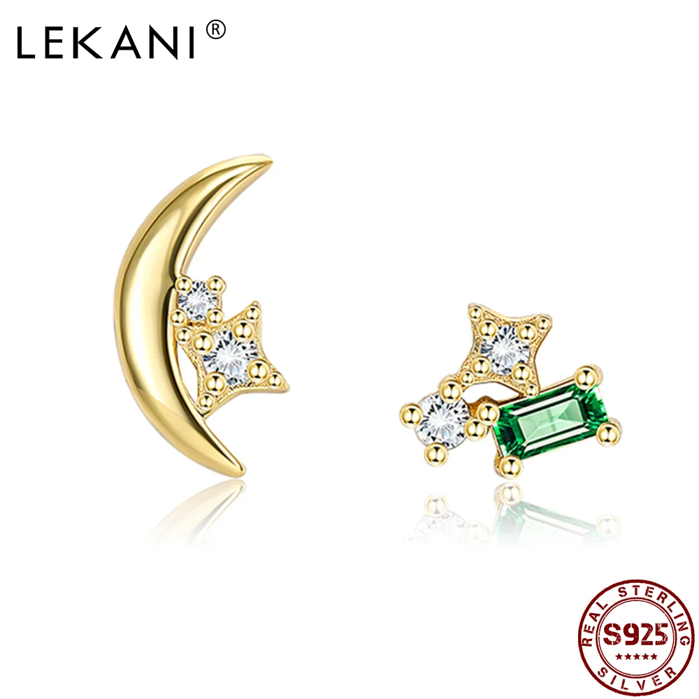 

LEKANI 925 Sterling Silver Jewelry Sparkling Star Moon Asymmetry Stud Earrings For Women Cute Zircon Golden Tiny Earring