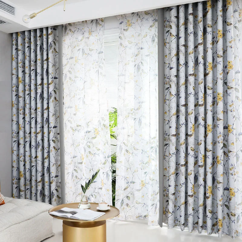 Flower Birds Blackout Curtains in the Living Room Kitchen Tulle Curtain Fabric Tape with Hooks Grommet Rings Top Custom Size | Дом и сад