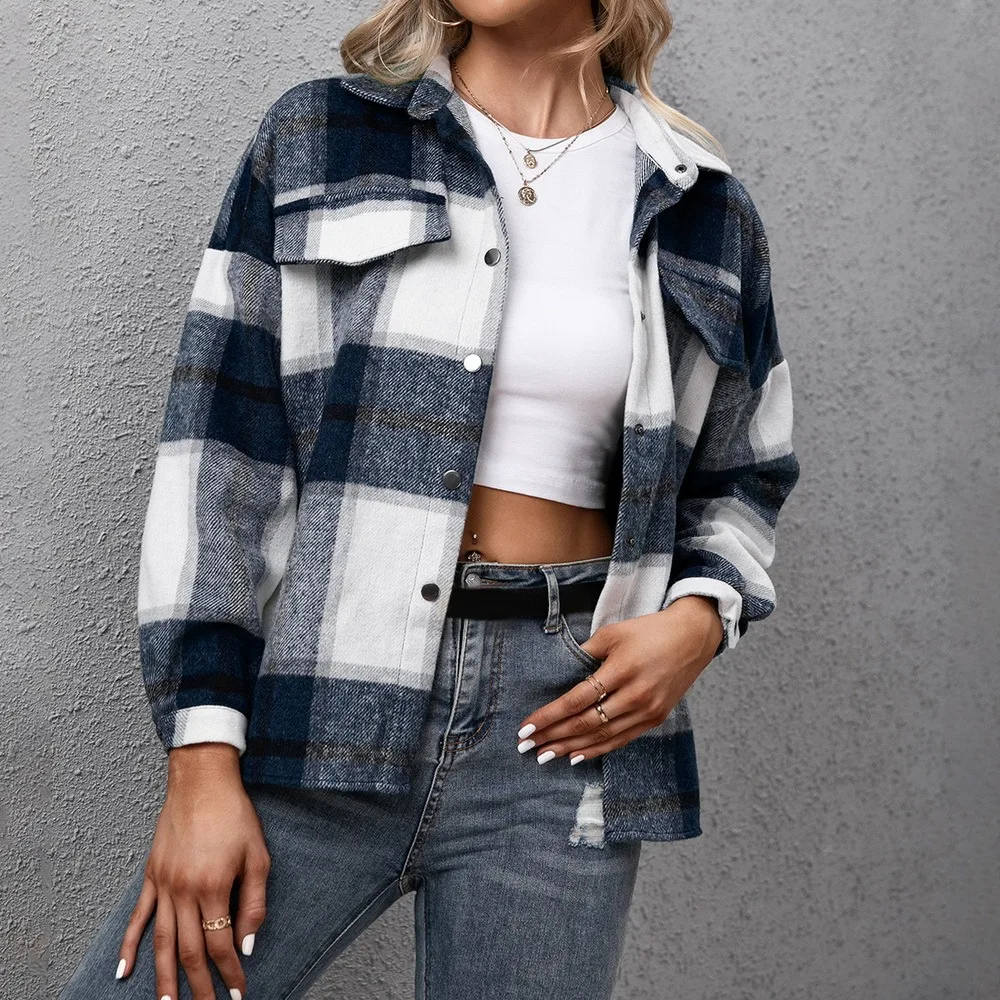 

Women Fashion Plaid Long Sleeve Jacket Female Autumn Cotton Thick Coats Loose Outwear Women Casual Single Breasted Jacket Outfit