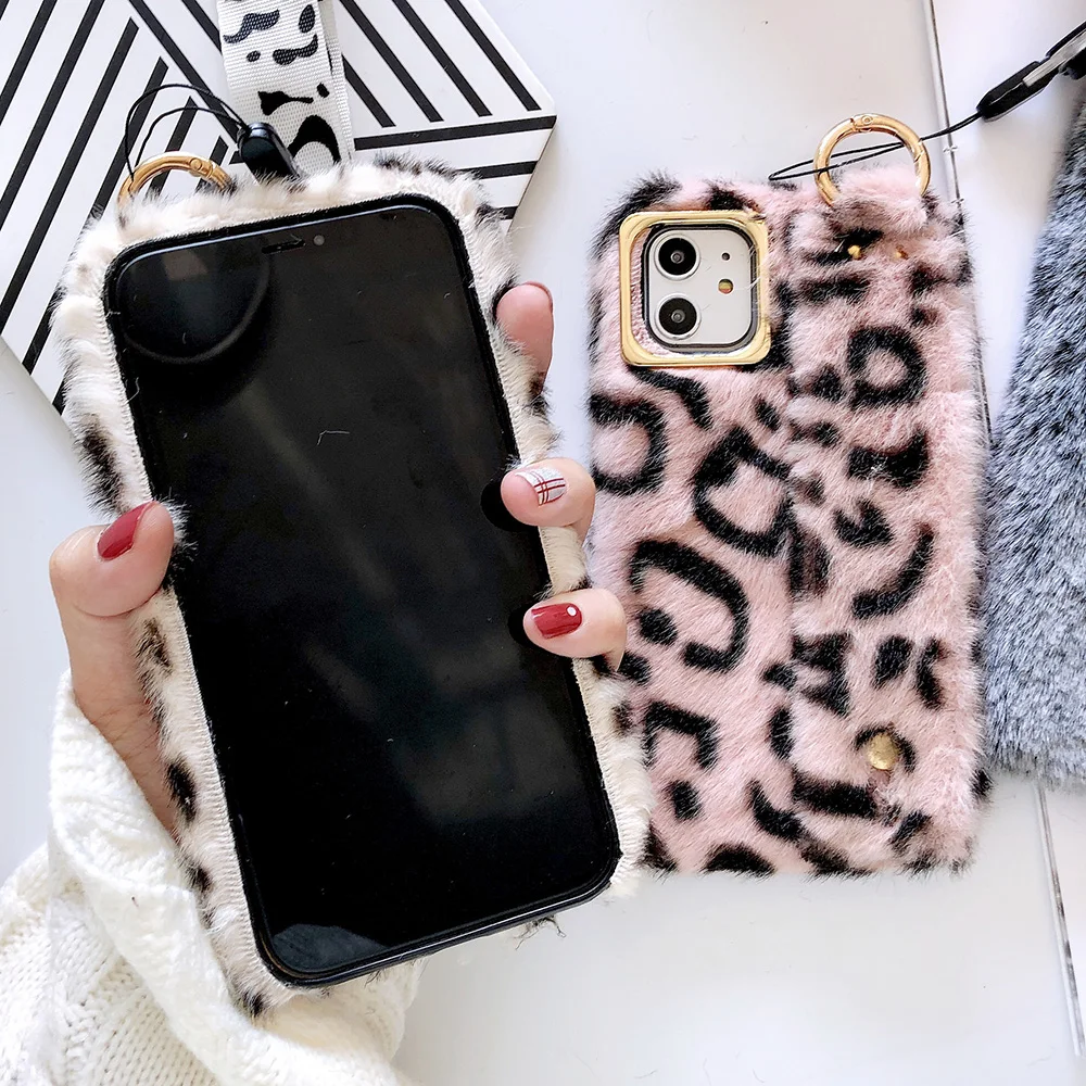 JONSNOW Леопардовый плюшевый чехол на запястье для iPhone 11 Pro X XR XS Max теплый зимний чехол для телефона для iPhone 7 8 6S 6 Plus чехол