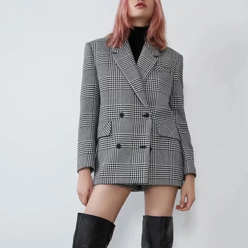 Женский твидовый пиджак ZA style повседневный винтажный в клетку шерстяной с узором