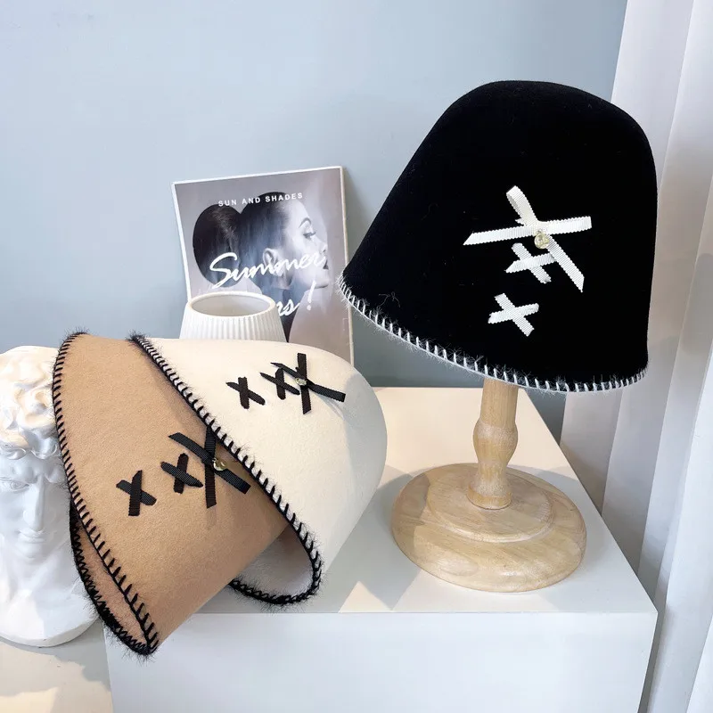 

202108-2509264 autumn winter Australian wool Sweet bowknot lady bucket cap women leisure hat