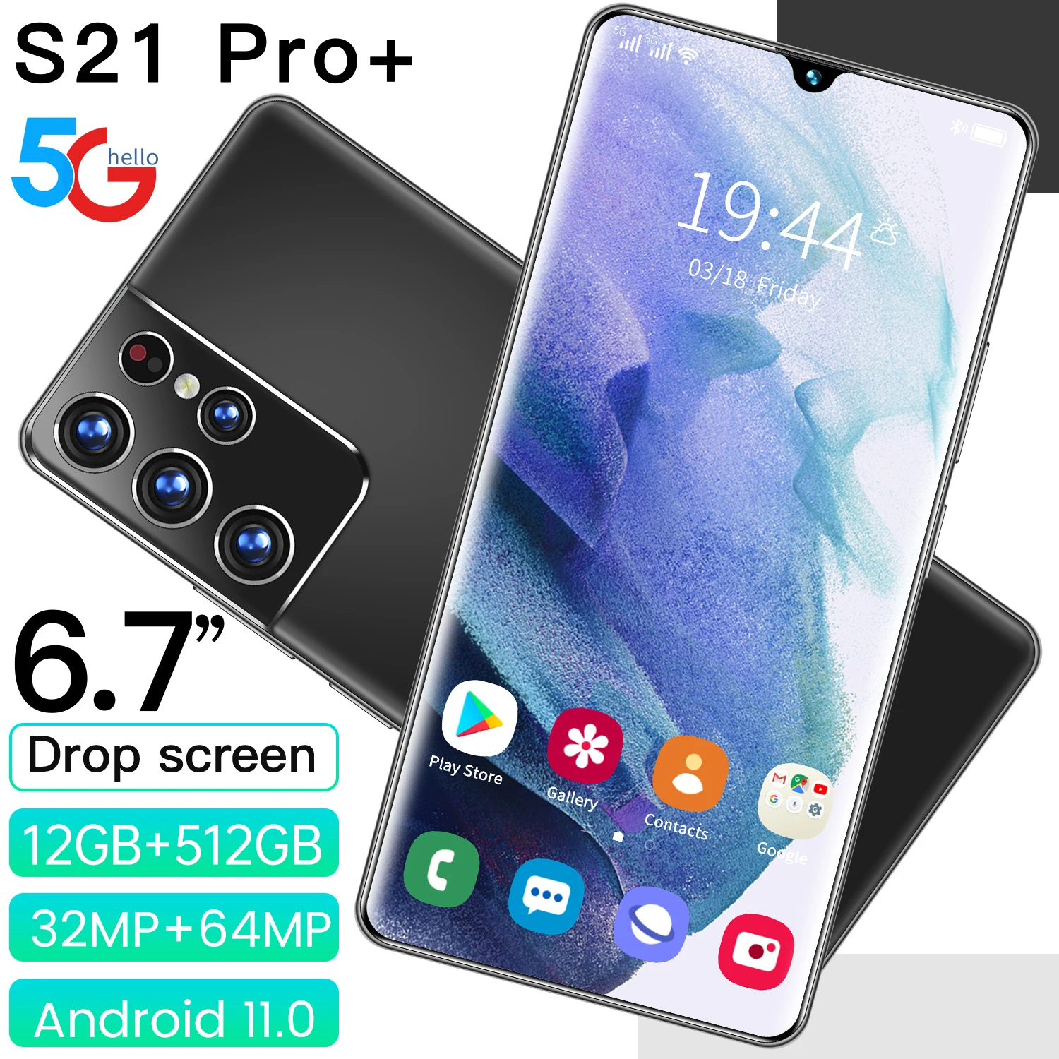 

Hot Sale S21 Pro+ 12+512GB 32MP+64MP 6.7 Inch 1440*3200 Face ID Andriod 11 Smartphones 6000mAh Dual SIM+Micro SD Celuar MT6889+