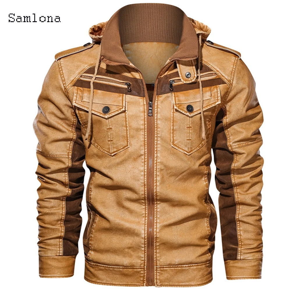 

Mens PU Hooded Coats Motorcycle Faux Leather Fashion Outerwear Classic Winter Jackets Clothes Mens European Size Hat Detachable