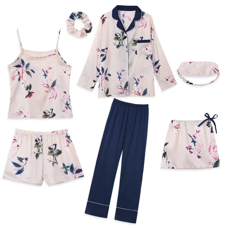 2019 пижамы для женщин 7 штук наборы атласное шелковое Сексуальное белье домашняя