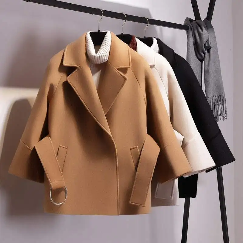 

2021 Autumn Short Woolen Cloth Coat Belt Jacket Short Cloak with Waistband Winter Turndown Collar New OverCoat