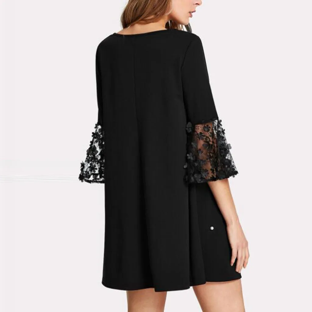 Summer Dresses Women 2021 Fashion Women Sexy Wave Solid Point O-neck Spliced Hollow Out Long Sleeve Temperament Dress Casual