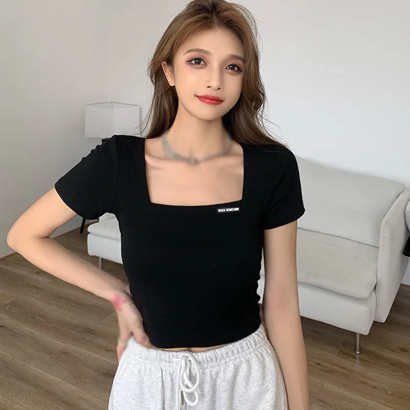 

Женская модная футболка с коротким рукавом, Летние повседневные облегающие футболки с квадратным воротником и открытым пупком для женщин