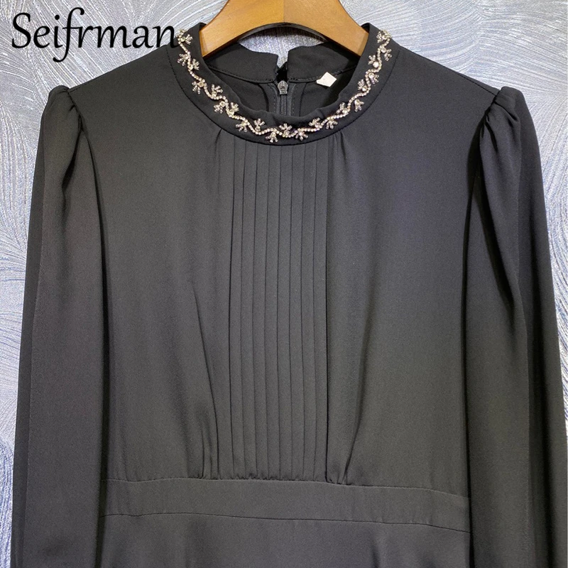 

Seifrmann New 2021 Women Summer Fashion RunwayParty A-Line Dress Lantern Sleeve Gorgeous Crystal Beading Printed Ladies Dresses