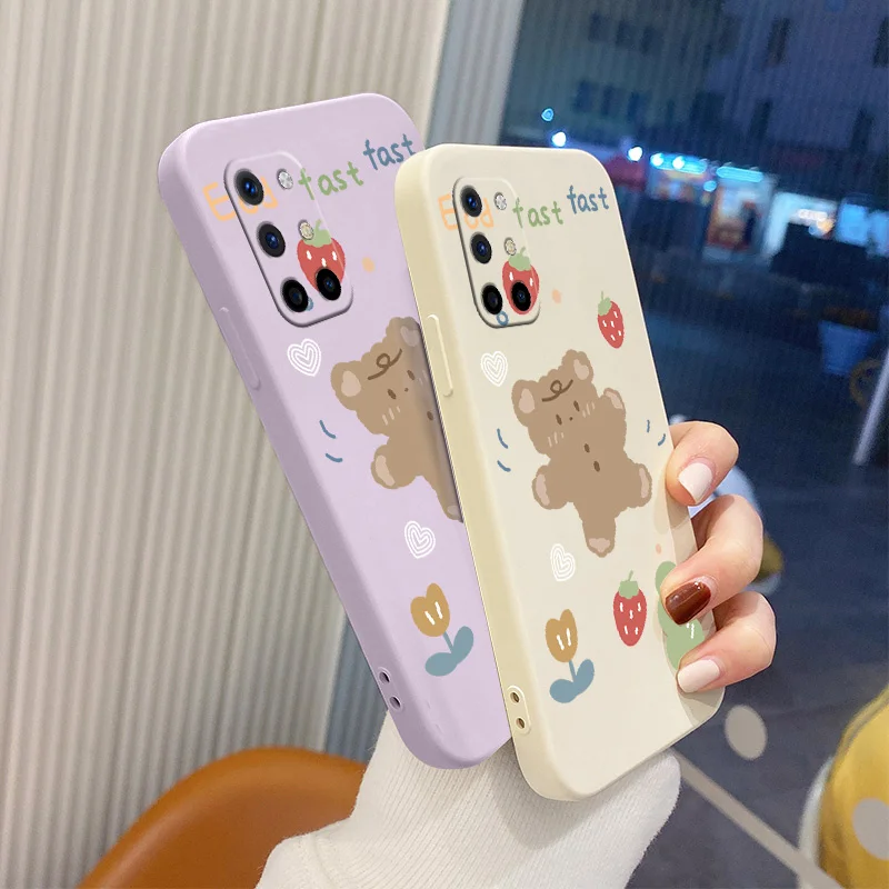 

Cute Bear Square Camera Lens Protection Liquid Silicone Case For Oneplus 8t 9 9pro 9r pro Ultra Thin Soft Phone Cover Case Funda