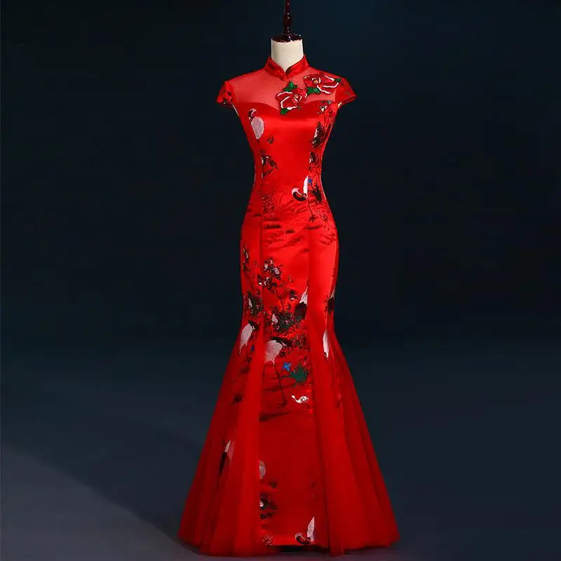 Красный китайский стиль женские свадебные Cheongsam ретро сексуальные тонкие