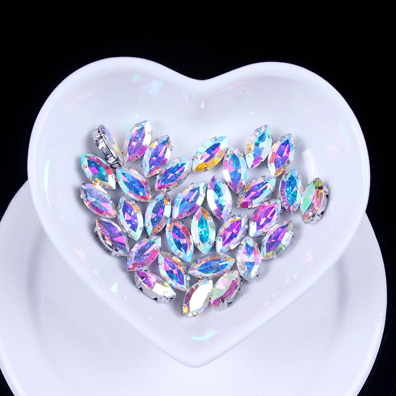 Стразы конский глаз для рукоделия AB с плоской задней стороной серебряный