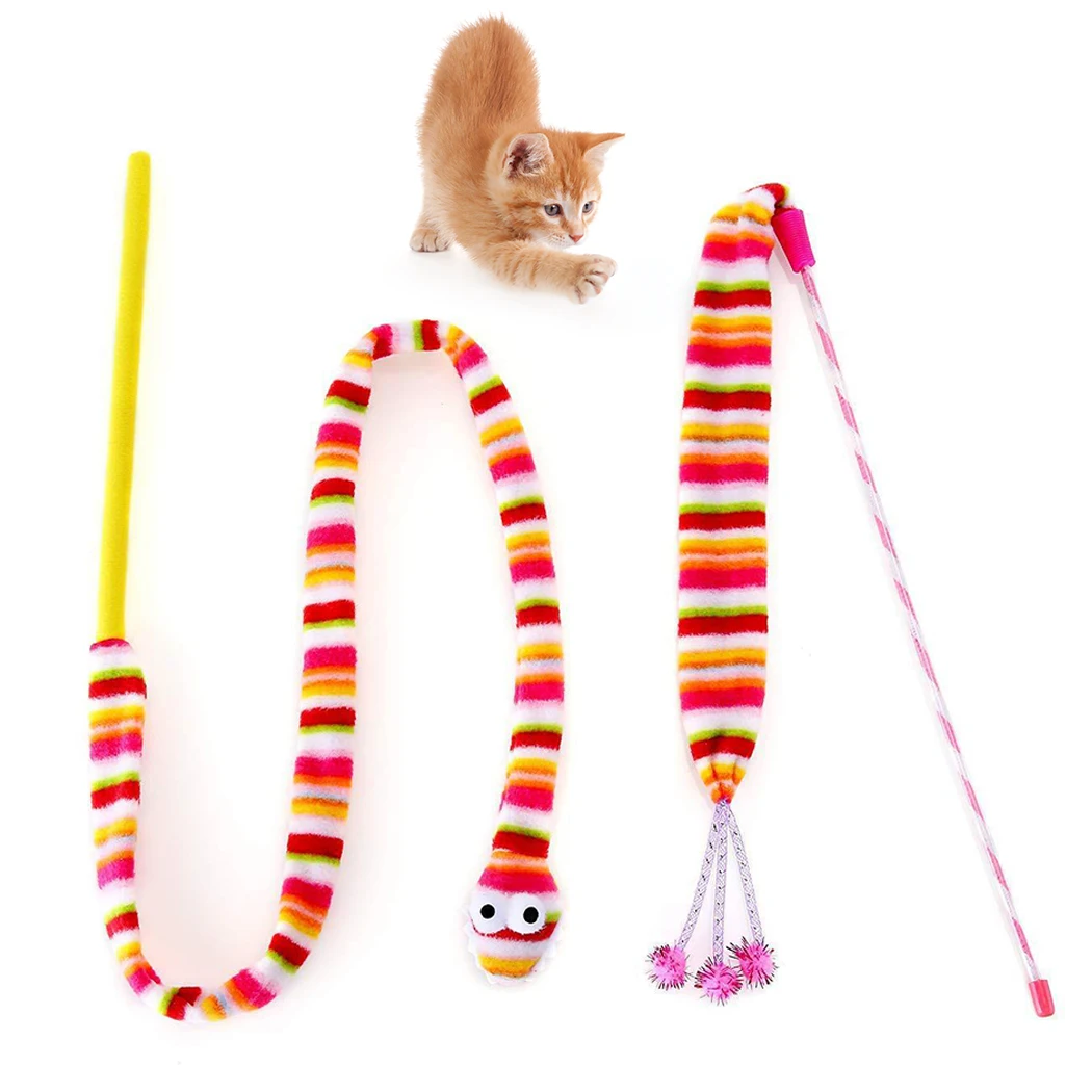 

2PCS Cat Toy Cat Teaser Wand Cartoon Snake Pom Pom Cat Teaser Toy Cat Interactive Toy
