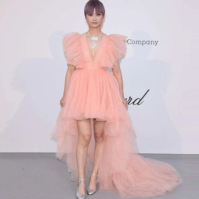 

2020 New Peach Pink High Low Prom Dresses Hot Sale V Neck Tulle Evening Dress Sweep Train Long Formal Party Gowns Robe de soiree