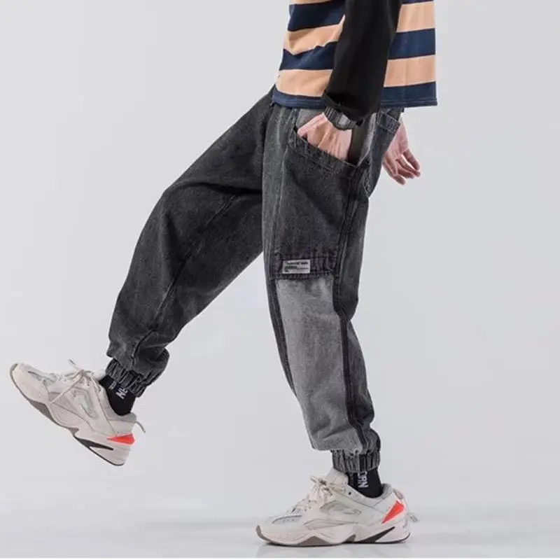Baggy Jeans Men's Patchwork Cargo Pants Loose Denim Harem Pants Stretch Waist Ankle-length Pants Brown Patchwork Jeans Hip Hop