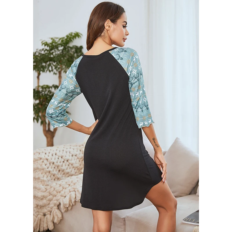 Ladies Contrast Nightgowns Stitching Nightdress Women Slim Homewear V-neck Long Sleeve Nightdress Female Pyjamas Home Clothes