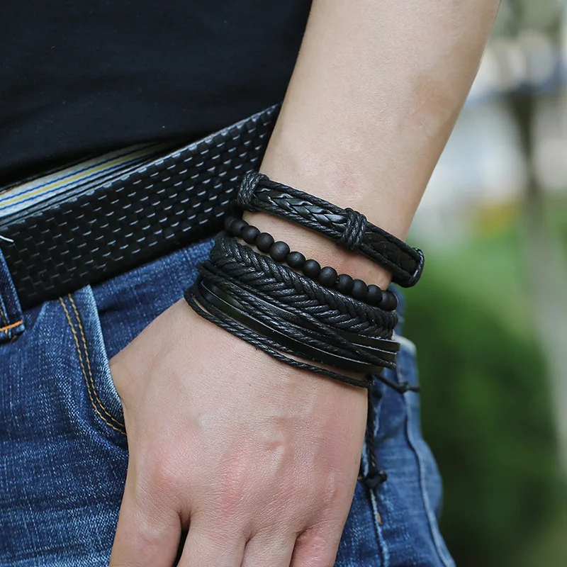 

Hot Selling Accessories Hand-woven Retro Bracelet Diy Combination Four-piece Multi-layer Leather Bracelet Bracelet