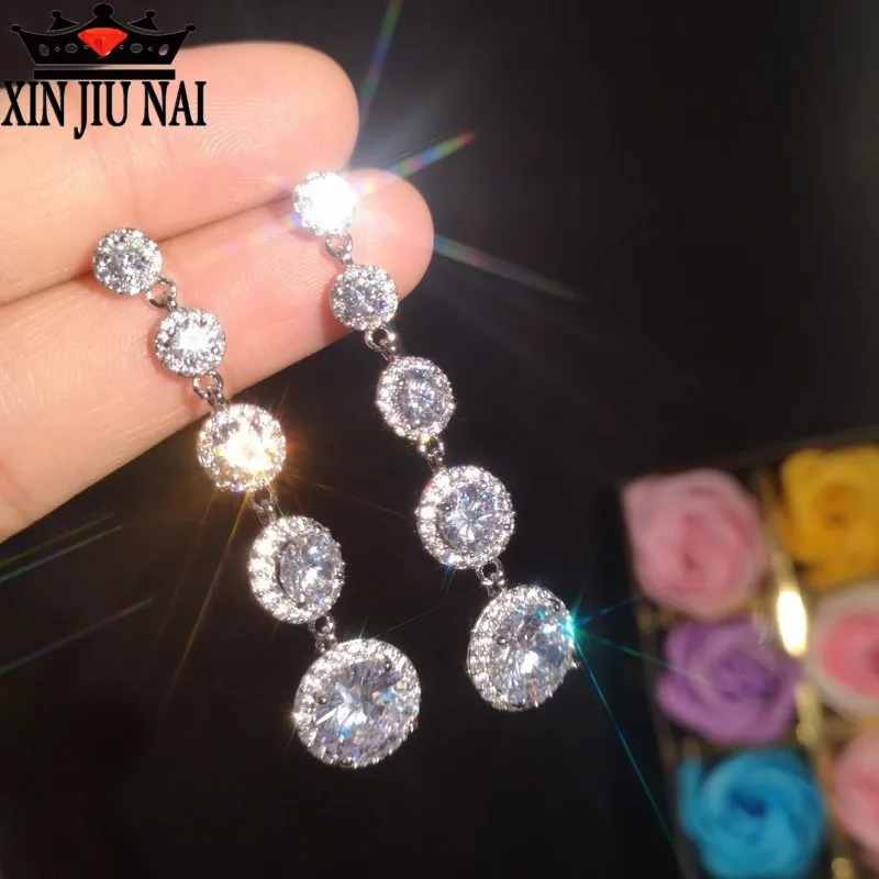 

Fashion Party Female Crystal Round Earrings With AAA Zircon 925 Anillos Silver Boho Wedding Jewelry Long Earrings