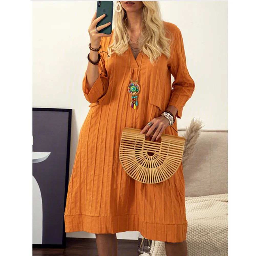 Осень 2020 модное женское Новое свободное женское платье с длинным рукавом женское платье с v-образным вырезом средней длины свободное платье...