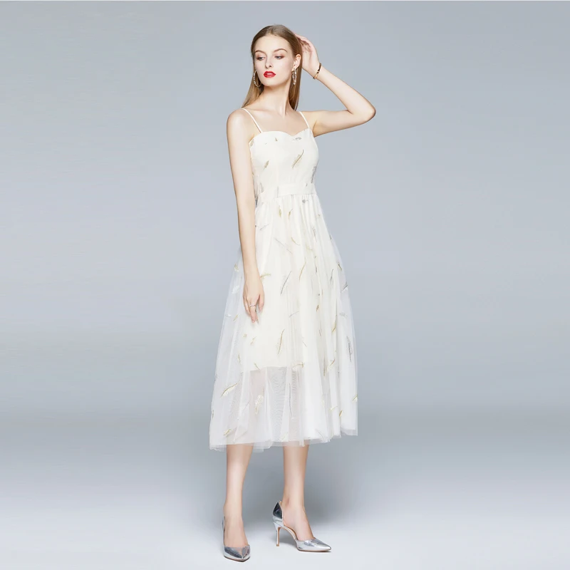 

Womens Dresses Office Lady Mid-Calf Spaghetti Strap Empire V-Neck Party Vintage Dresses White Print Loose 2020 New Summer Dress