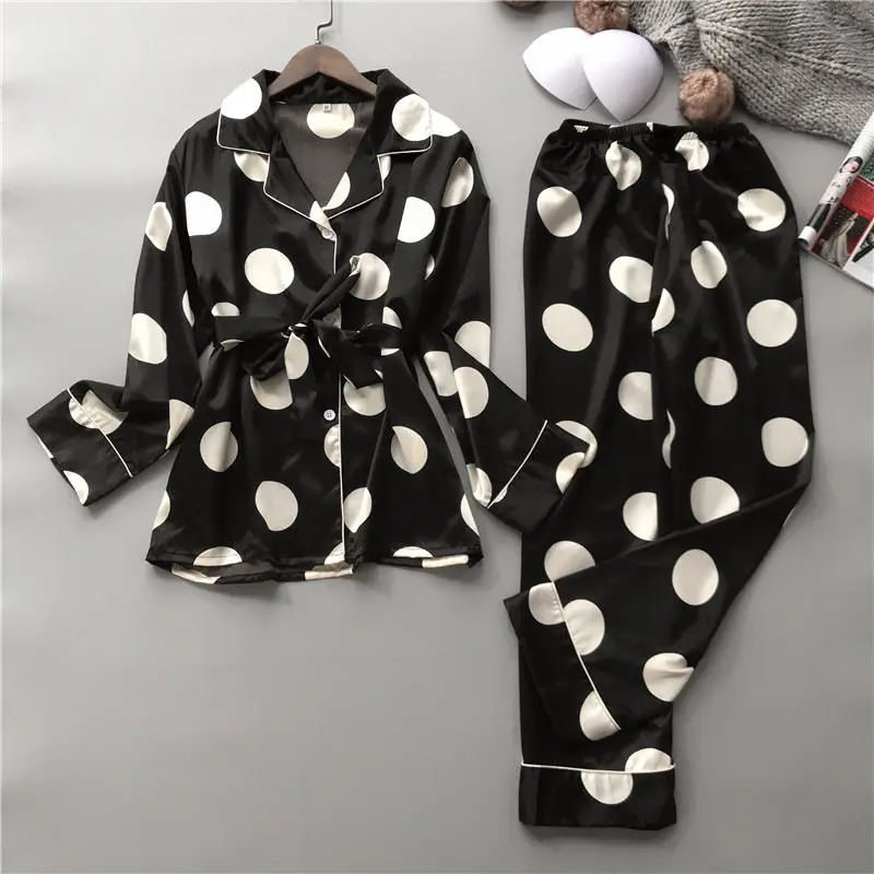 

Silk Pajamas Set Women Sexy Print Dot Summer Female Pyjamas Long Shirt 2Piece/Set Stitch Lingerie 2019 Home Sleepwear