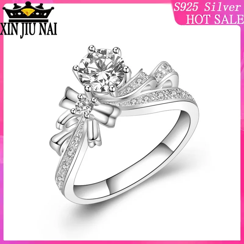 

925 sterling silver New light luxury six-prong Rhinestone bow shape beautiful beauty creative cute ring diamond rings for women