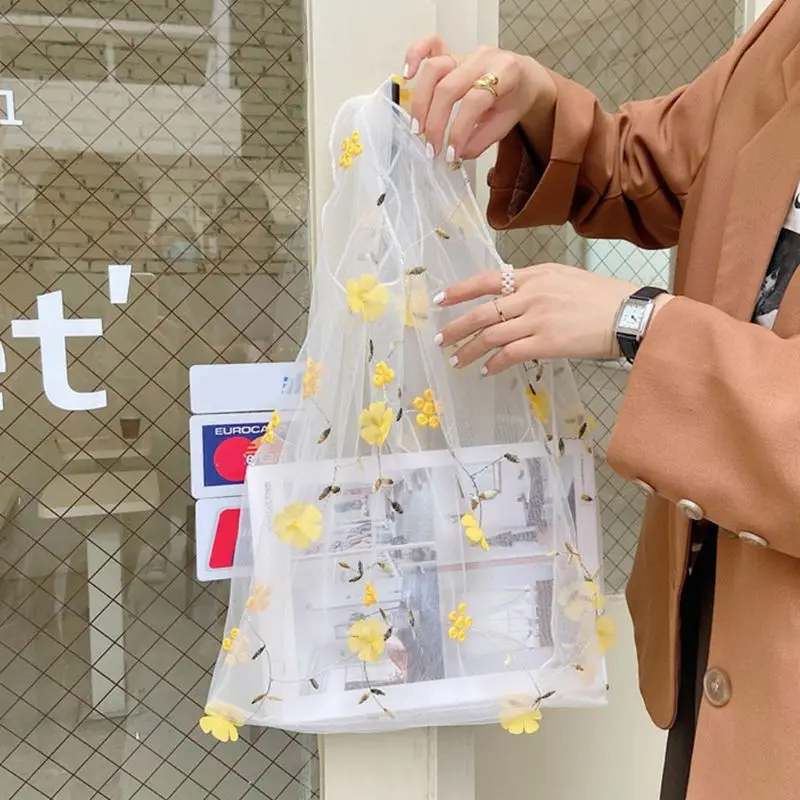 

Women Ladies Multifunction Mesh Cloth Bag Tote Female Large Capacity Flower Embroidery Shopping Bags Reusable Organizer