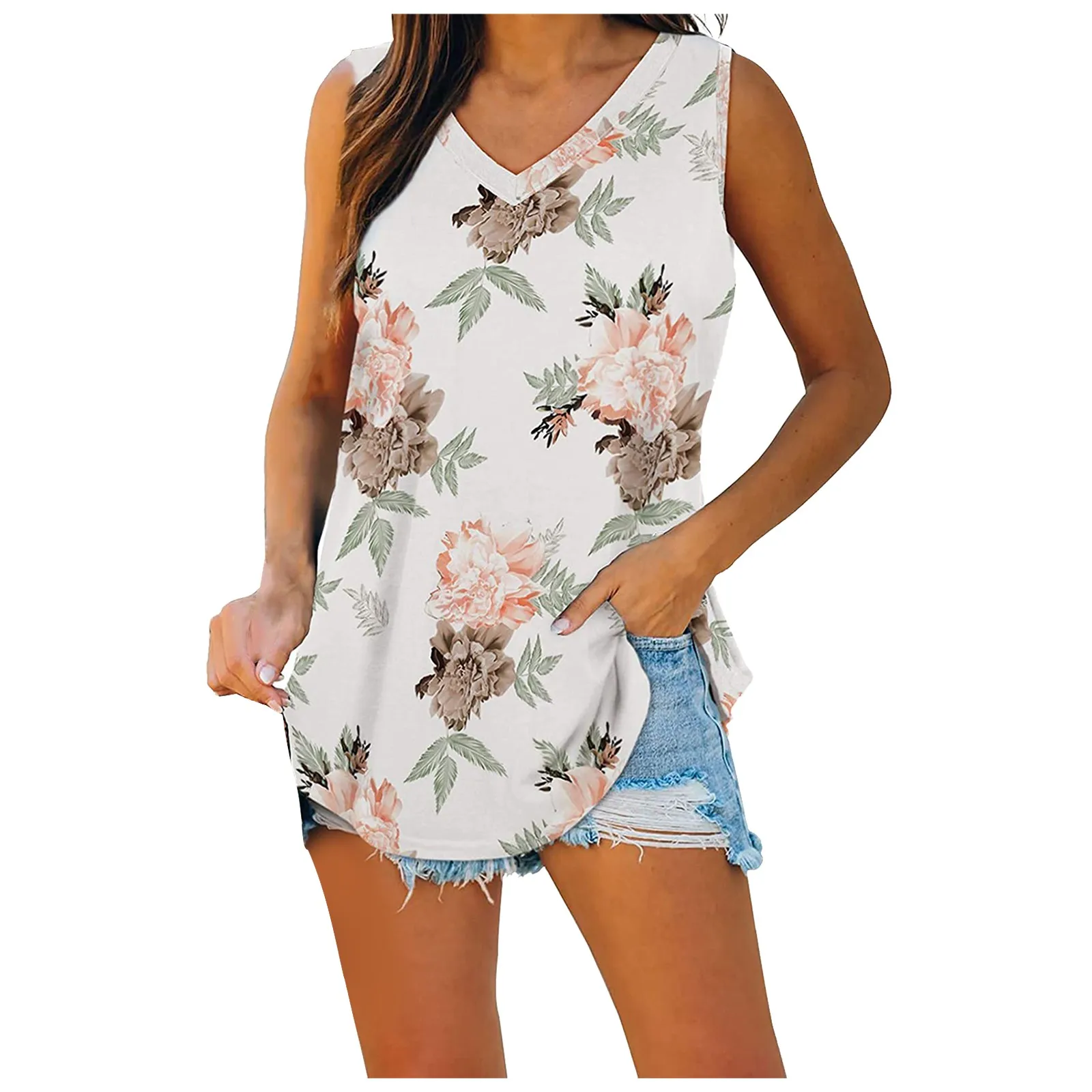 

Flower White Tops For Female Blusas Feminina 2021women's Casual V-neck Off Shoulder Sleeveless Loose Floral Printed Shirt Top