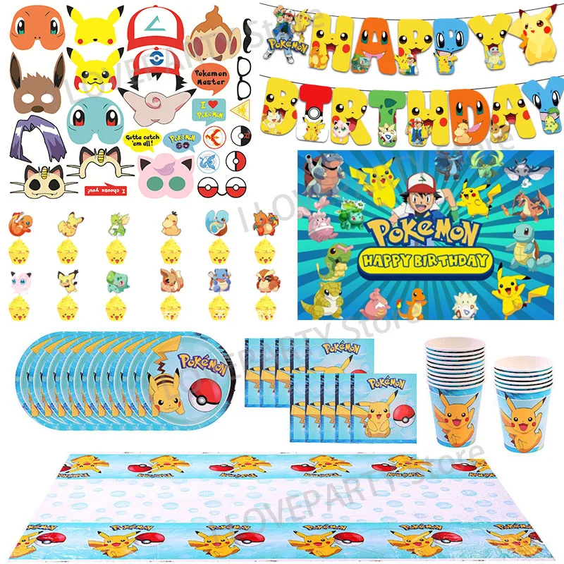 TAKARA TOMY Pikachu Birthday Party Disposable Tableware Set Balloons Decorations Photo Props Background Pokemon Party Supplies