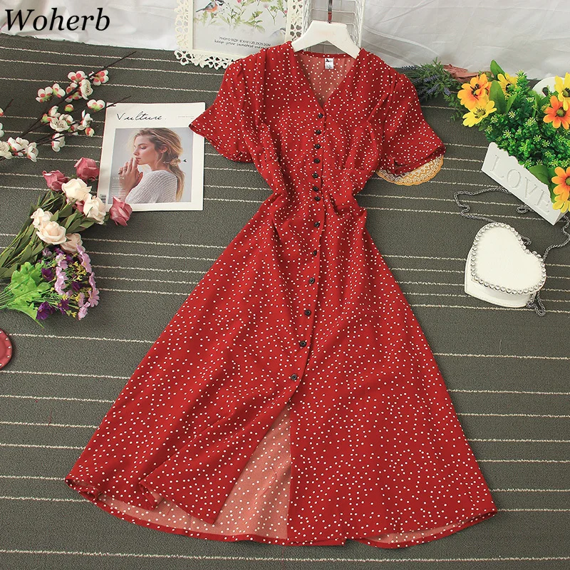 Платье Woherb женское однобортное с принтом в горошек высокой талией и V образным