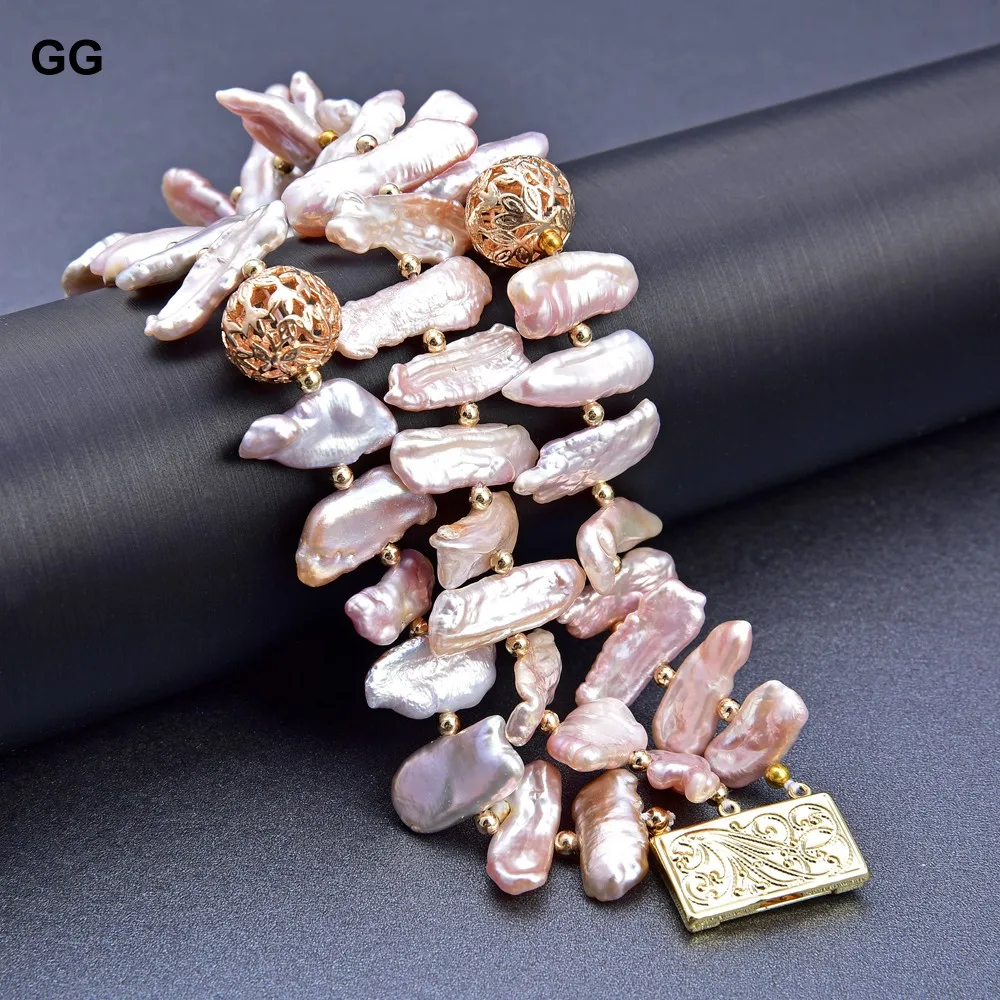 

GG Jewelry 8" 3 Strands Cultured Pink Purple Biwa Pearl Bracelet
