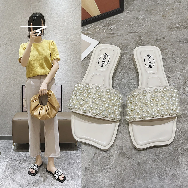 

2021 Summer New Women's Shoes Sandals Fairy Wind Pearl One Word Slippers Korean Version Outside Wearing Slippers