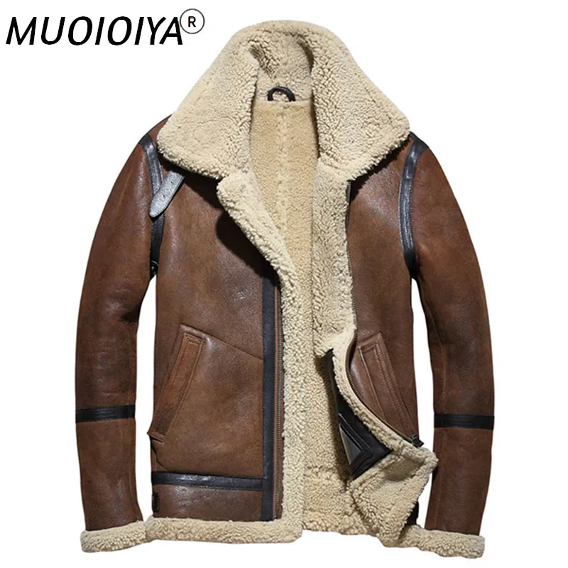 

Borwn Men B3 Bomber Shearling Jacket Genuine Sheepskin Winter Thick Russia Military Cold Winter Coats Free Shipping