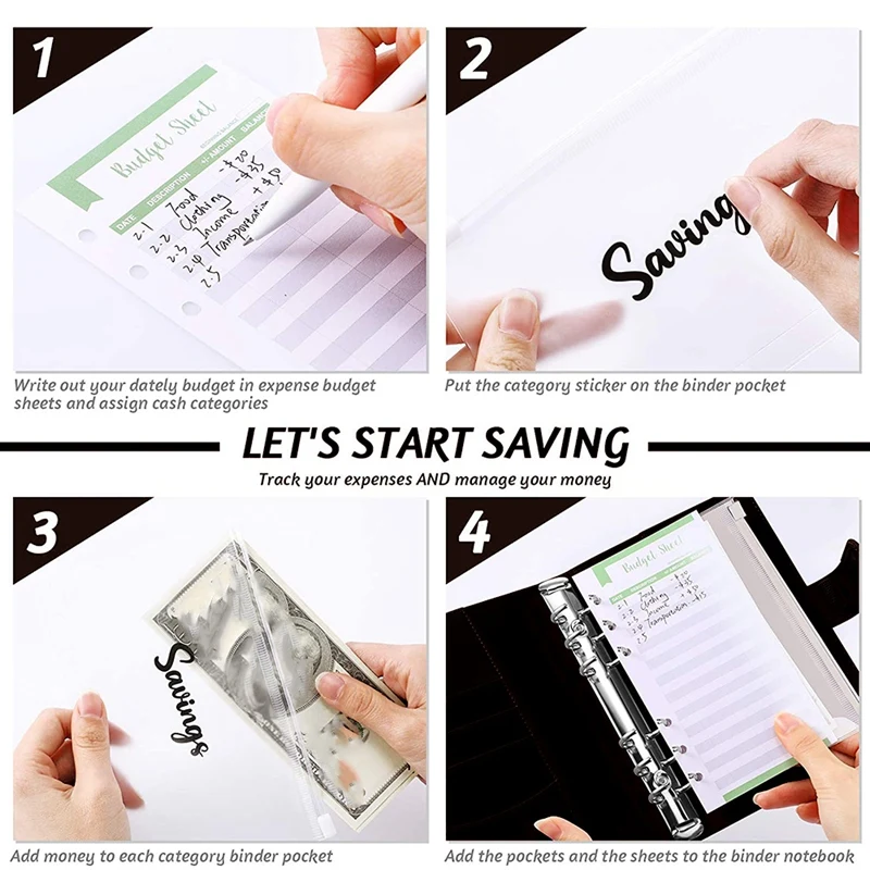 

A6 PU Leather Notebook Binder Budget Planning Notepad, 6 Ring Binder Sleeves, 8 Binder Pockets, for Bill Planning