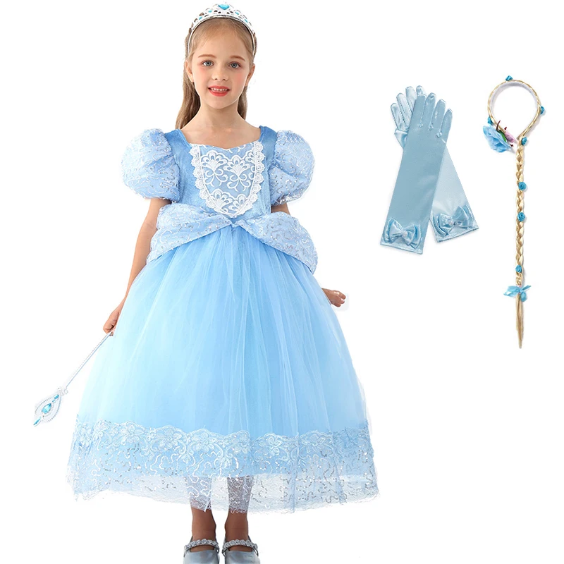 Dress Set 01 Роскошное платье принцессы Золушки для девочек, костюм для ролевых игр детское бальное платье с рукавами-буфами и вышивкой на Хэллоуин, праздничное платье для девочек - Цвет: Dress Set 01