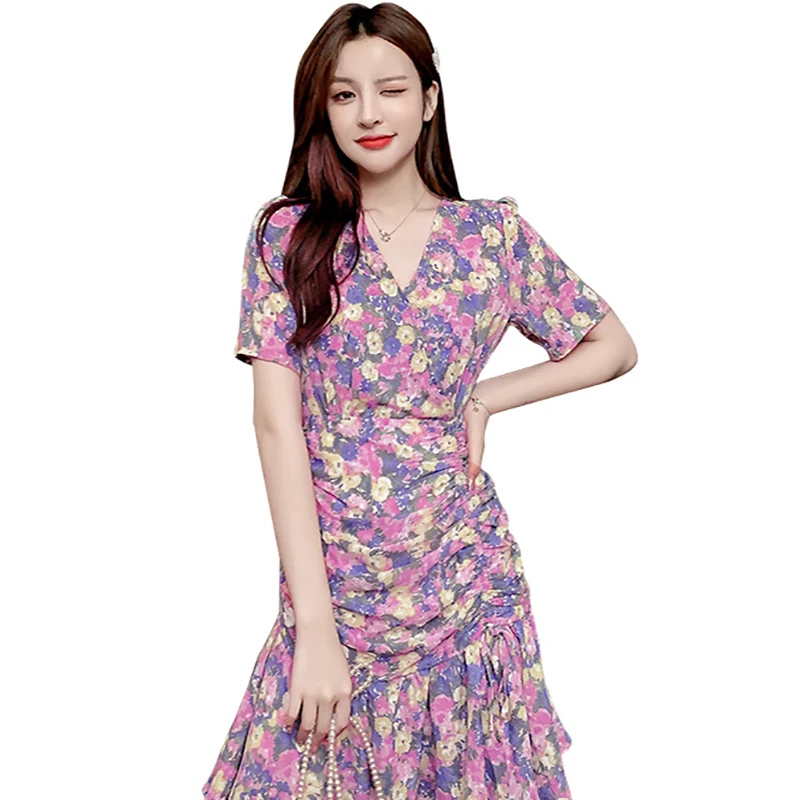 

AL Fashion Of Spring New Collection Is Sweet And Romantic Chic V Gets Chiffon Dress Lady Purple Temperament Broken Waist Tall