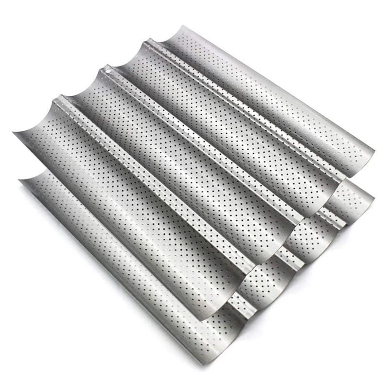2-Piece French Bread Baking Pan Non-Stick Perforated Rectangular 4 Wave Wavy Leaf Mold |