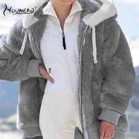 winter women plush thicken zipper jacket fashion loose hooded coats y2k faux fur stitching plaid female jacket outwear wco02