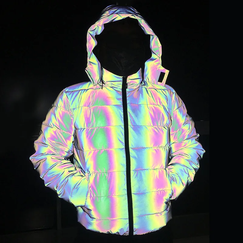 

Fashion Fluorescent Rainbow Horn Hooded Reflective Jacket Women Bubble Puffer Coat for Winter Warm Thick Outerwear Undefined