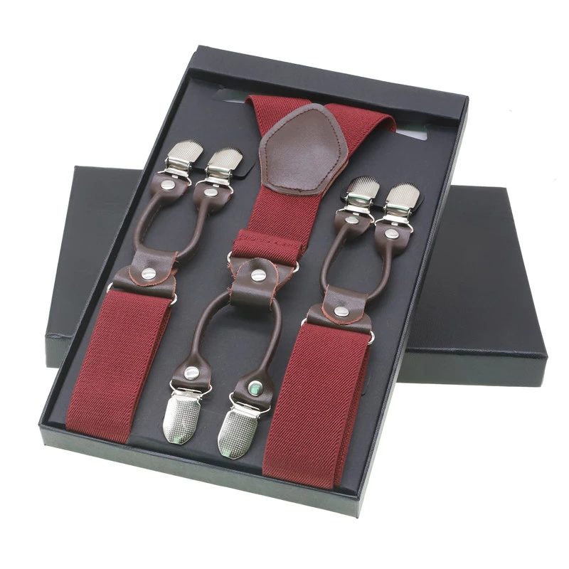 Wine Red With Box Мужские модные подтяжки коричневые из натуральной кожи 6 зажимы подтяжек винтажные повседневные брюки в западном стиле регулируемые подтяжки - Цвет: Wine Red With Box