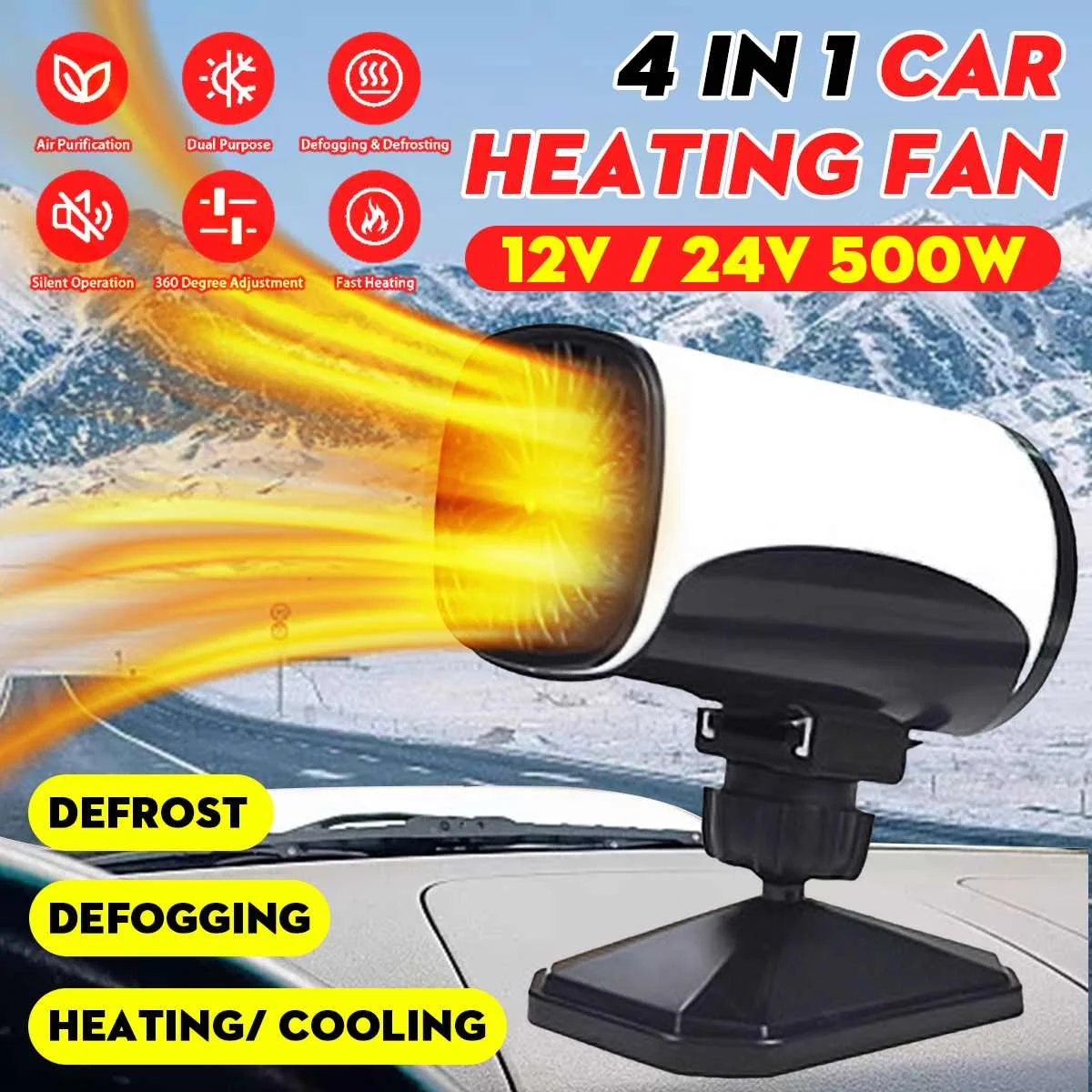 

4 IN 1 12V/24V 500W Car Heater Electric Cooling Heating Fan Portable Electric Dryer Windshield Defogging Demister Defroster