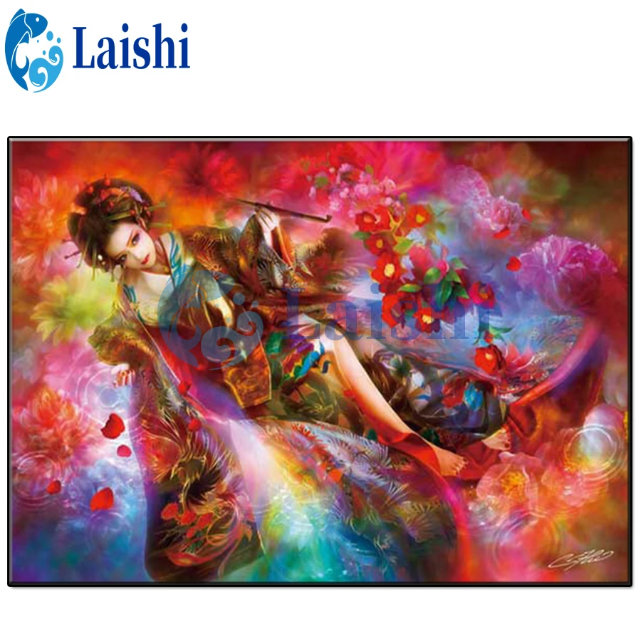 

Алмазная картина «Гейша», полноразмерная вышивка с круглыми стразами в японском стиле граффити, украшение для дома, подарок на Рождество