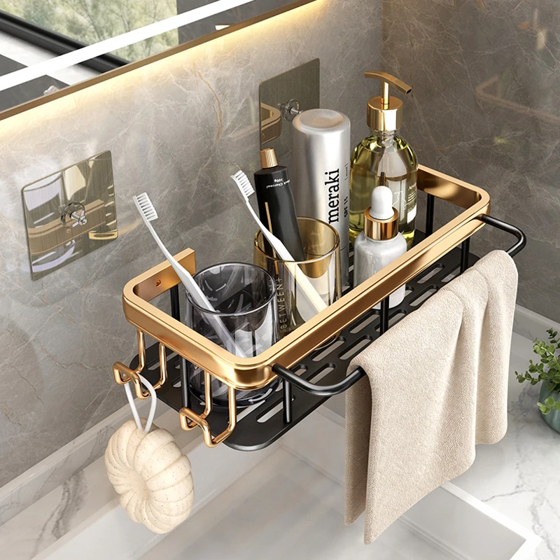 punch free wall mounted gold black bathroom shelf shelves shampoo shower storage rack hook organizer bathroom hardware set free global shipping