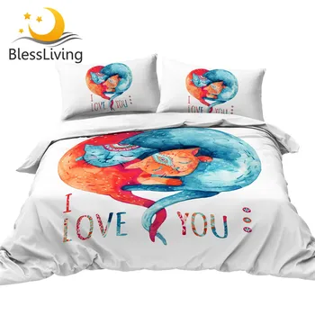 BlessLiving Lovely Cats Bedding Set for Couples Blue Red Heart Bedspreads Watercolor Hugging Cats Quilt Cover I Love You Bed Set 1