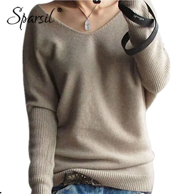 Sparsil Women 2018 Autumn Sweaters V Neck Sexy Batwing Sleeve Wool Cashmere Sweater Winter Tops Knitwear Plus Pullover | Женская одежда